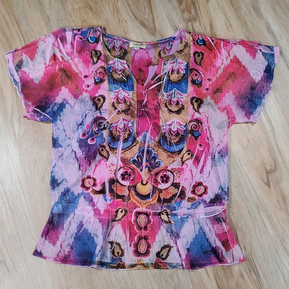 🔺️One World Pink Multicolored Ikat Gauzy Short Sleeve Top Medium